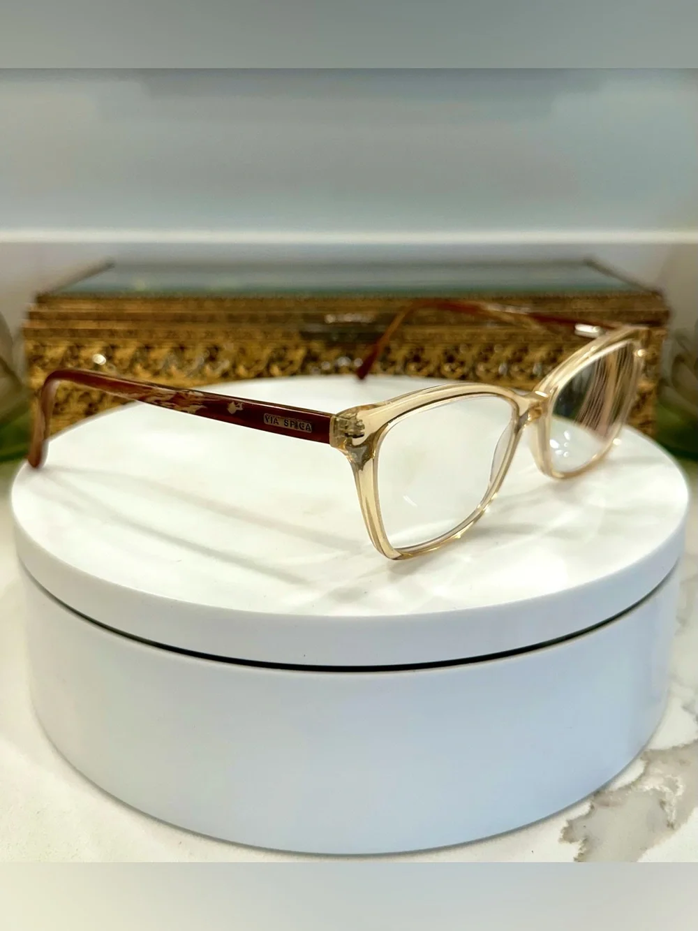Via Spiga Dulcina Cat-Eye Champagne/Beige Crystal Rx Eyeglass Frames - VGUC